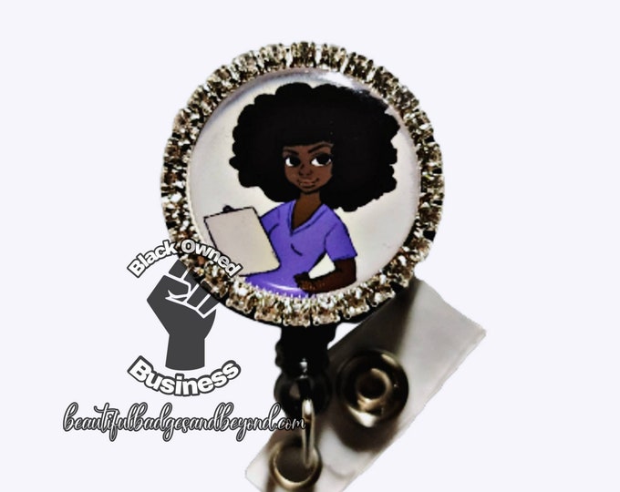 Black, African American, Nurse, Dark Skin, Natural hair, Retractable Badge Holder, Reel