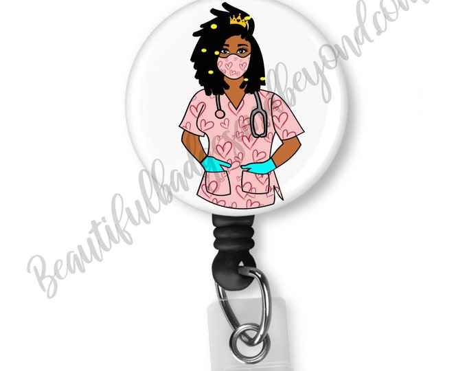 Valentine's Day Heart Black African American Nurse Locs Retractable Badge Holder