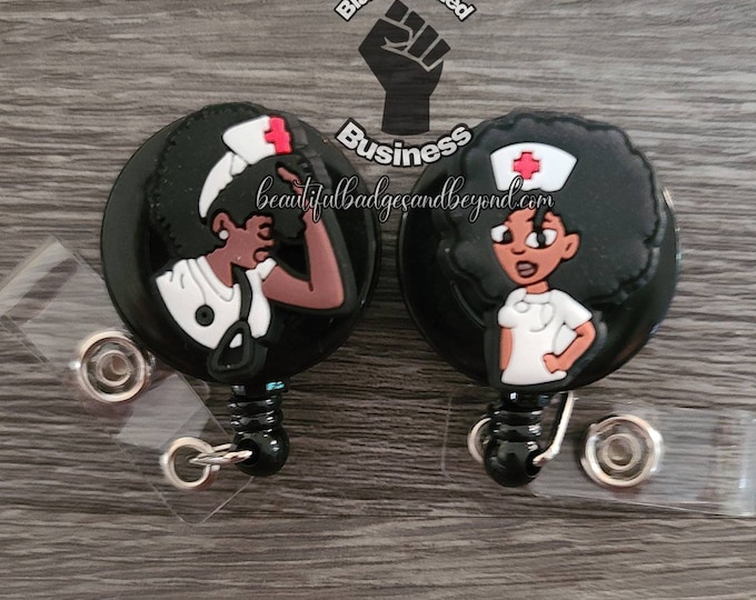 Black, African  American, Nurse, Natural Hair, Locs, Scrubs, Retractable Badge Holder, reel