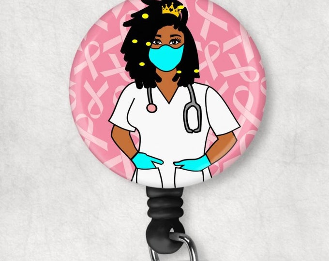 Breast Cancer Awareness Ribbon Black African American Nurse Locs badge reel