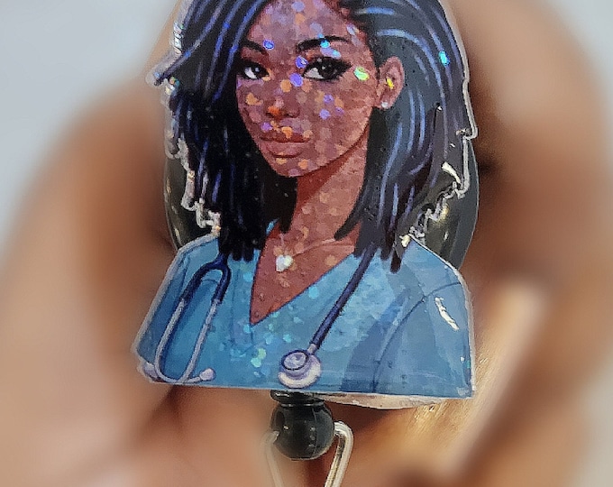 Holographic Black, African  American, Nurse, Natural Hair, Locs, Scrubs, Retractable Badge Holder, reel