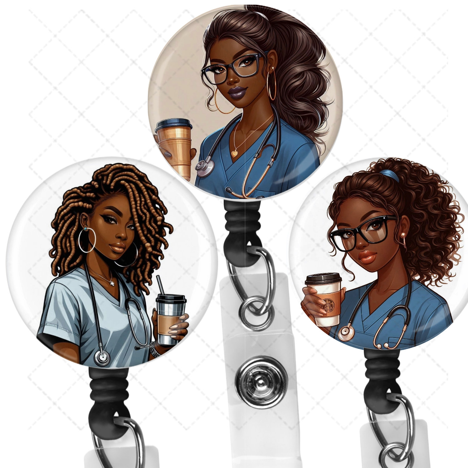 Black, African  American, Nurse, Natural Hair, Locs, Scrubs, Retractable Badge Holder, reel
