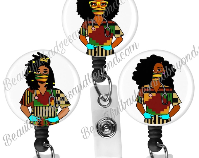 Black, African  American, Nurse, Natural Hair, Locs, Scrubs, Retractable Badge Holder, reel kente cloth