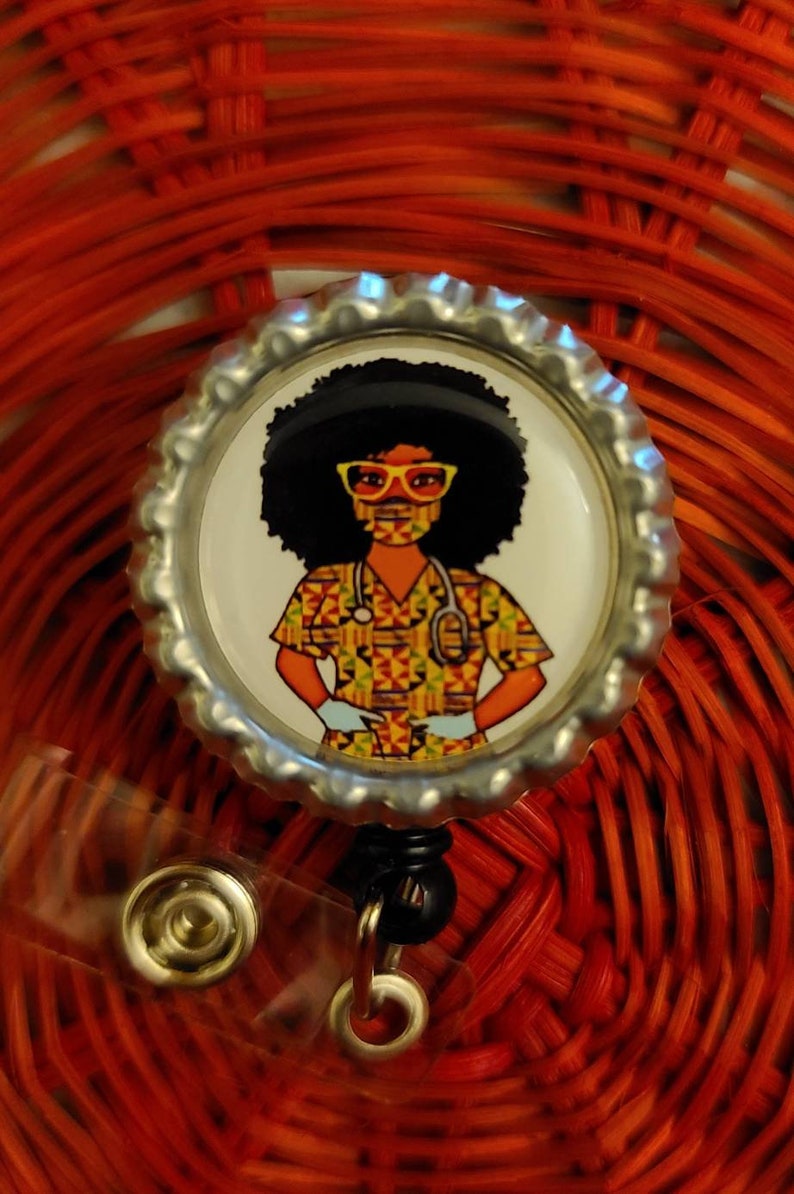 Retractable Badge Holder African American Natural Hair Scrubs Nurse reel kente cloth Locs Black