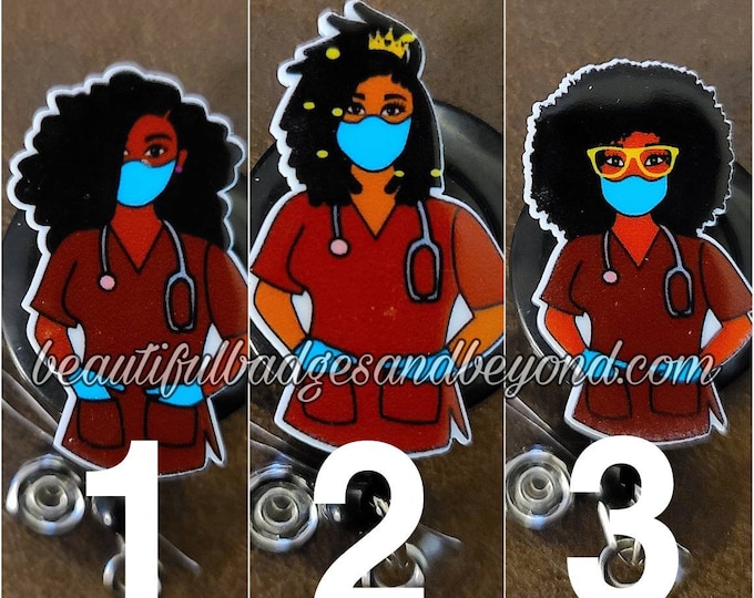 Black, African  American, Nurse, Natural Hair, Locs, Scrubs, Retractable Badge Holder, reel