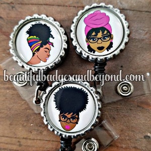 Black, African  American, woman, Natural Hair, retractable reels and pins