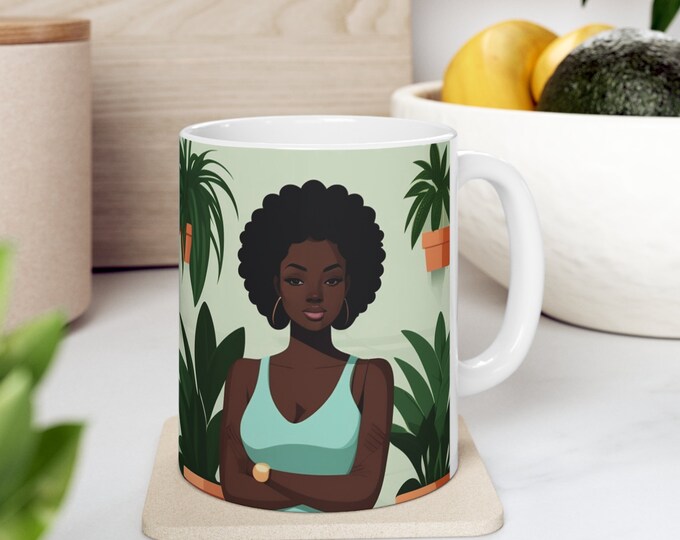 Black African American Woman Plant Mom Ceramic Mug 11oz