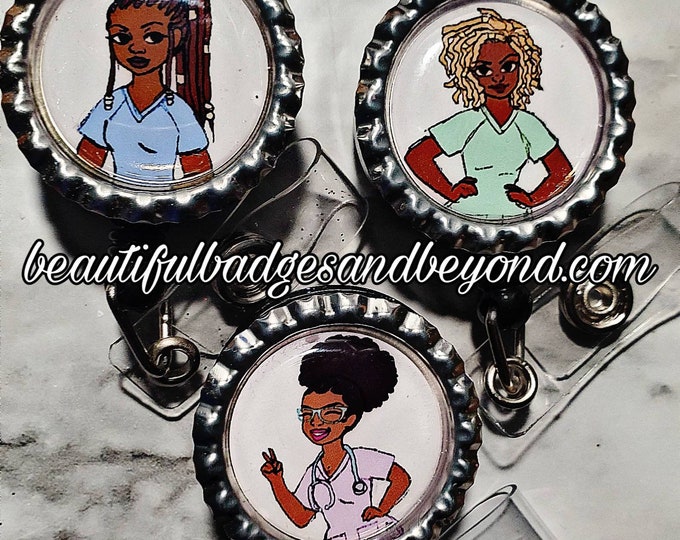 Black, African  American, Nurse, Natural Hair, Locs, Scrubs, Retractable Badge Holder, reel