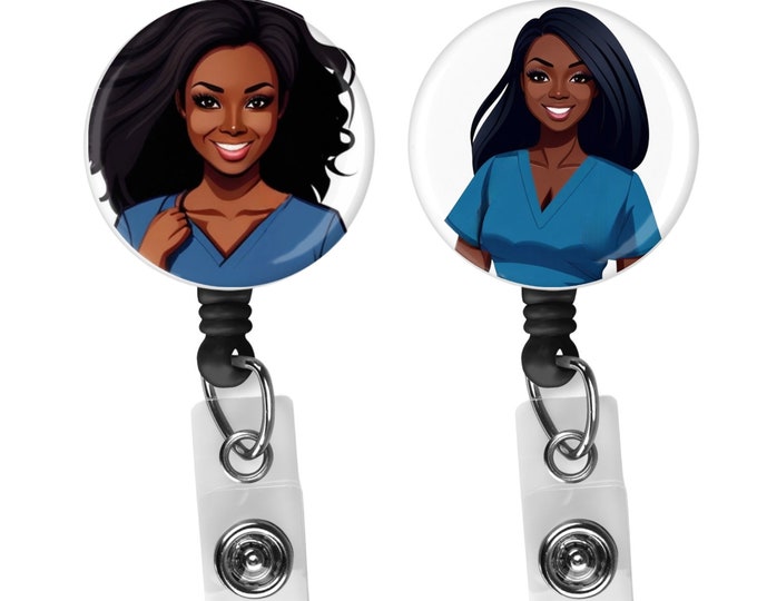 Black, African  American, Nurse, Natural Hair, Locs, Scrubs, Retractable Badge Holder, reel