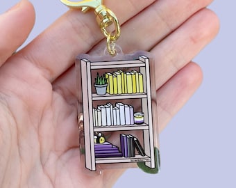 LGBTQ Nonbinary Enby Pride Bookshelf Acrylic Charm Keychain Subtle Accessory for Keys Bags Gift for Nonbinary Book Lover Yellow Purple