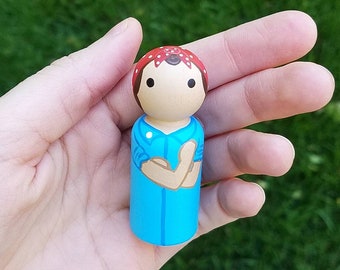 Rosie the Riveter Feminist WWII Wooden Peg Doll / strong women are heroes we can do it feminism female empowerment hand painted figurine