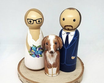 CUSTOMIZABLE Personalized Wedding Cake Topper WITH PET Peg Dolls for Bride and Groom Hand Painted  Minimalist Art