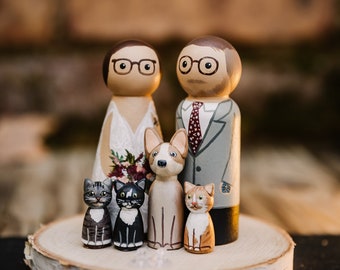 CUSTOM Personalized Wedding Cake Topper WITH PET or Kid Peg Dolls for Bride & Groom Hand Painted lgbtq Minimalist Gift 5th Anniversary