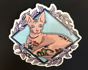 Autocollant tatoué Sphynx Cat Nakey Cat imperméable sans poils Sphinx Bambino tatouage américain traditionnel décalcomanie cadeau pour non binaire, hommes, femmes