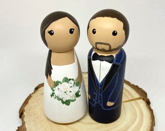 CUSTOM Personalized Wedding Cake Topper Peg Dolls Minimalist classic rustic wedding decor, 5th wooden anniversary gift Hand Painted