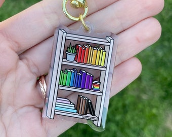 LGBTQ Progress Pride Bookshelf Acrylic Charm Keychain Epoxy Subtle Accessory for Keys Bags Gift for Nonbinary, Men, Women Book Lover Rainbow