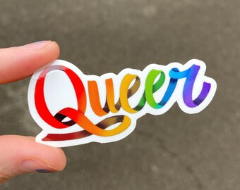 Queer LGBTQ Pride Month Waterproof Sticker LGBT Laptop Sticker Decal Ribbon Lettering Rainbow