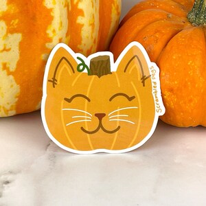 May include: A die-cut sticker featuring a smiling cat face designed as a pumpkin. The sticker is orange with a brown stem and green vine. The text "Scrambled Pegs" is printed on the sticker.