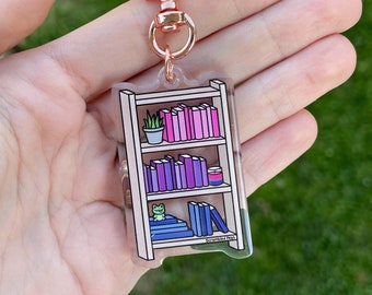 LGBTQ Bisexual Pride Bookshelf Acrylic Charm Keychain Subtle Accessory for Keys Bags Gift for Nonbinary Men Women Book Lover Rainbow Purple