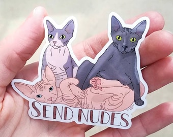 Send Nudes Sphynx Cat Nakey Cat Sticker Waterproof Hairless Sphinx Bambino Laptop Decal Gift for Men Women Nonbinary Dishwasher Safe