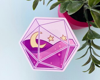 D20 Dice Moon and Stars Purple Laptop Sticker Water Bottle Sticker Waterproof Vinyl Decal gift for nonbinary, men, women  Dishwasher safe