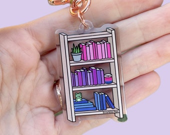 LGBTQ Bisexual Pride Bookshelf Acrylic Charm Keychain Subtle Accessory for Keys Bags Gift for Nonbinary Men Women Book Lover Rainbow Purple