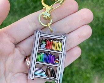 LGBTQ Progress Pride Bookshelf Acrylic Keychain Subtle Accessory for Keys Bags Gift for Nonbinary, Men, Women Book Lover Rainbow