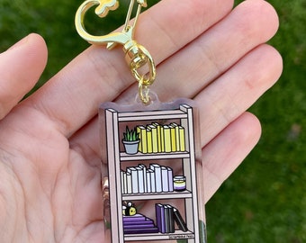 LGBTQ Nonbinary Enby Pride Bookshelf Acrylic Keychain Subtle Accessory for Keys Bags Gift for Nonbinary Men Women Book Lover Yellow Purple