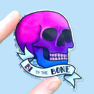 Bi to the Bone ~Edição Sparkle~ Adesivo à prova d'água para laptop LGBT com estampa de caveira e tatuagem estilo bandeira do orgulho rosa, roxo e azul