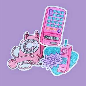 May include: A set of pink stickers with vintage phone and calculator designs. One sticker says "PLEASE HESITATE TO REACH OUT." Another shows "BOOBIES" on the calculator. A third sticker has the text "WE'VE BEEN TRYING TO REACH YOU ABOUT YOUR CAR'S EXTENDED WARRANTY."