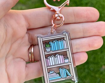 LGBTQ Trans Transgender Pride Bookshelf Acrylic Keychain Subtle Accessory for Keys Bags Gift for Nonbinary Men Women Book Lover Pink Blue