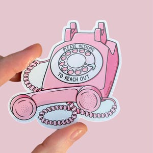 Please Hesitate to Reach Out Vintage Retro Rotary Phone Waterproof Sticker Laptop Decal Pink Pastels Cute Snarky Gift Nonbinary, Men, Women