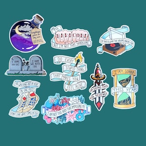 May include: A collection of nine vinyl stickers featuring various illustrations and text. Designs include a potion bottle, knuckles with text, a record player, tombstones, a lit match, a dagger, sneakers, floral arrangements, and an hourglass.
