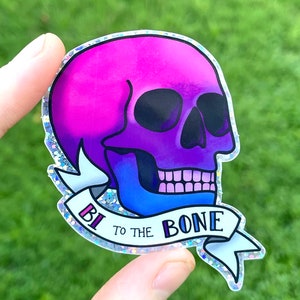 Bi to the Bone ~Sparkle Edition~ Bisexual Pride Waterproof Sticker LGBT Laptop Sticker Decal Skull Tattoo Style Pink Purple Blue Pride Flag