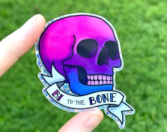 Bi to the Bone ~Sparkle Edition~ Bisexual Pride Waterproof Sticker LGBT Laptop Sticker Decal Skull Tattoo Style Pink Purple Blue Pride Flag