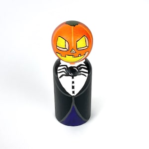 Jack-o-lantern Halloween Wooden Peg Doll / Peg People / Pumpkin King Halloween Decor Spooky Pumpkin Head Jackolantern Figurine