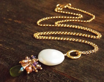 Freshwater Pearl and Gemstone Cluster Necklace, Luxe Gemstone Jewelry, Semi Precious Gemstone Jewelry
