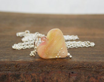 Spring Heart Necklace, Pink and Yellow Heart Necklace, Glass Heart Necklace, Artisan Heart Necklace, Grateful Heart Necklace