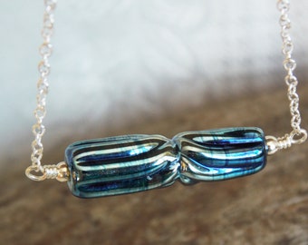 Blue Metallic Barrel Necklace, Twisted Glass Necklace, Layering Necklace, Modern Handcrafted Jewelry, Trendy Necklace, Gift for Her