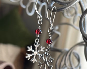 Snowflake Earrings, Garnet Earrings, Winter Earrings, Gemstone Earrings, Birthstone Earrings, Handmade Jewelery