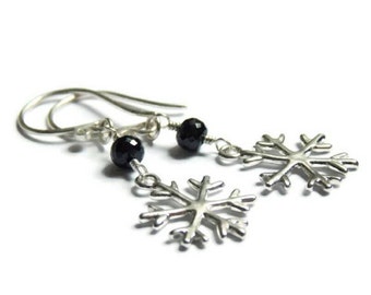 Black Spinel Gemstone Snowflake Earrings