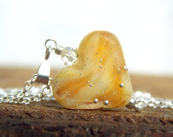 Yellow Handmade Glass Heart Necklace, Handmade Heart Necklace, Luxe Modern Artisan Jewelry, Charity Jewelry, Art Jewelry