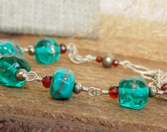 Christmas Glass Bracelet, Sea Green Artisan Bracelet, Winter Gemstone Bracelet, Boho Luxe Jewelry