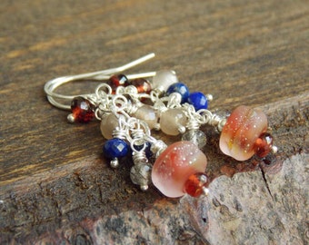 Patriotic Red White and Blue Artisan Earrings, Dangle Earrings, Gemstone Cluster Earrings, Wedding Earrings, Luxe Glass Jewelry