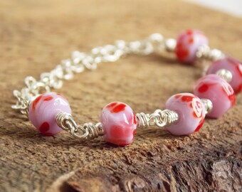 Pink Valentines Bracelet, Colorful Glass Bracelet, Handcrafted Bracelet, Luxe Glass Bracelet, Gift for Her, Layering Bracelet