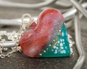 Pink and Teal Lampwork Heart Necklace. Artisan Necklace. Pendant Necklace. Summer Necklace