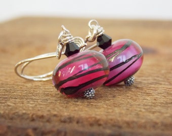 Hot Pink Black Glass Earrings, Luxe Fuchsia Glass Earrings, Modern Earrings, Wearable Art Jewelry Earrings, Handmade Jewelry, Gift for Her