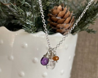 Gemstone Charm Trio Necklace, Wire Wrapped Necklace. Minimalist Jewelry, Fall Necklace, Gift for Her