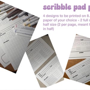 May include: A digital scribble pad PDF featuring four designs for 8.5"x11" paper, including two full-size and two half-size layouts. The white sheets contain black printed fields for tools, book, page, theme, color palette, and practice areas.