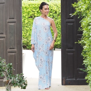 Blau geblümtes ein schulterlanges Kleid langes Maxikleid Abendkleid All size